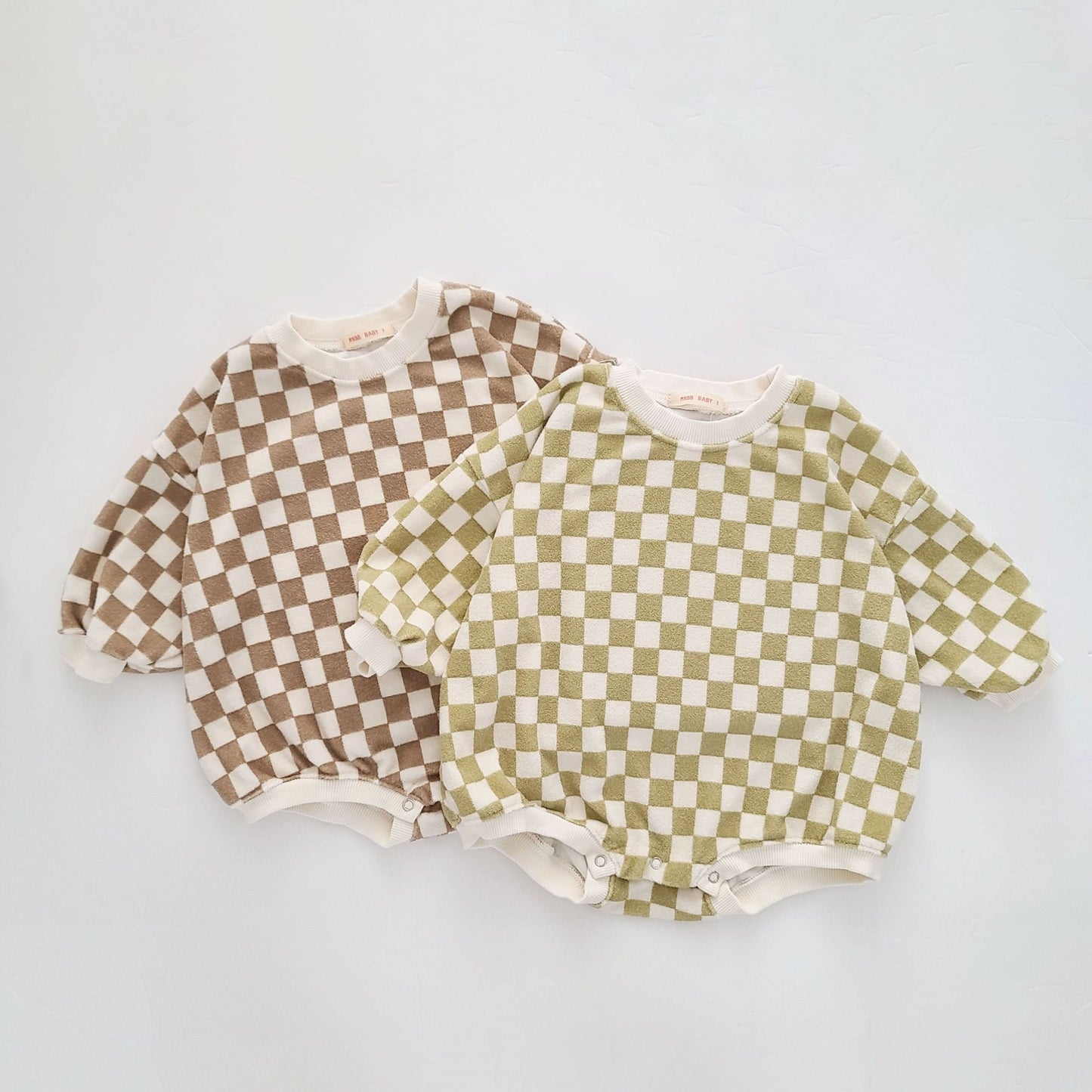 Baby Terry Cloth Long Sleeve Checkered Romper (3-24m) - Sage Green kids outfit
