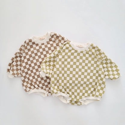 Baby Terry Cloth Long Sleeve Checkered Romper (3-24m) - Sage Green kids outfit