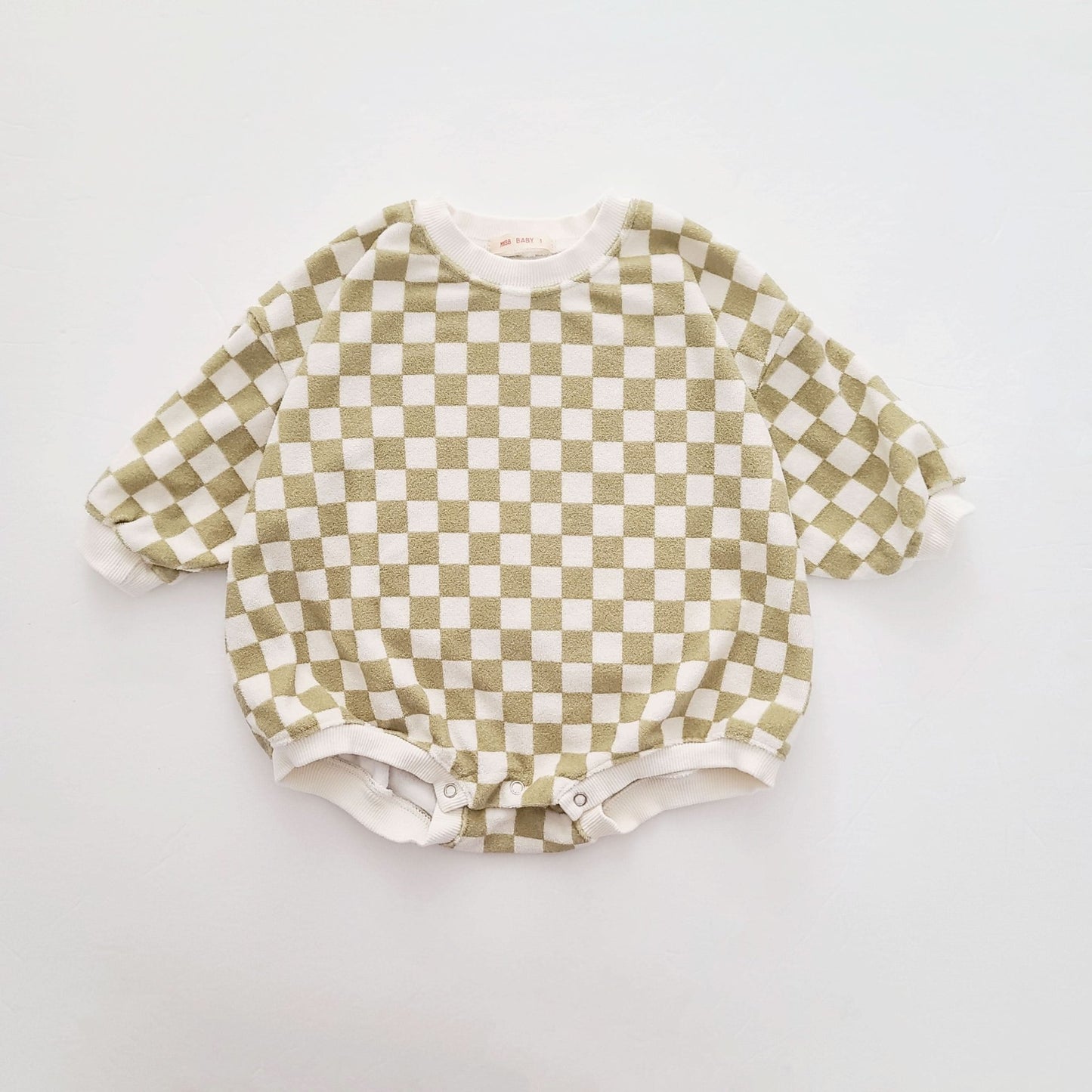 Baby Terry Cloth Long Sleeve Checkered Romper (3-24m) - Sage Green kids outfit