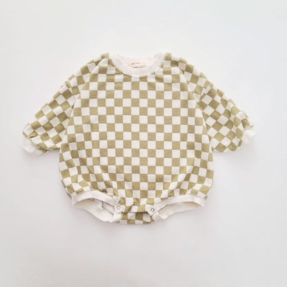 Baby Terry Cloth Long Sleeve Checkered Romper (3-24m) - Sage Green kids outfit