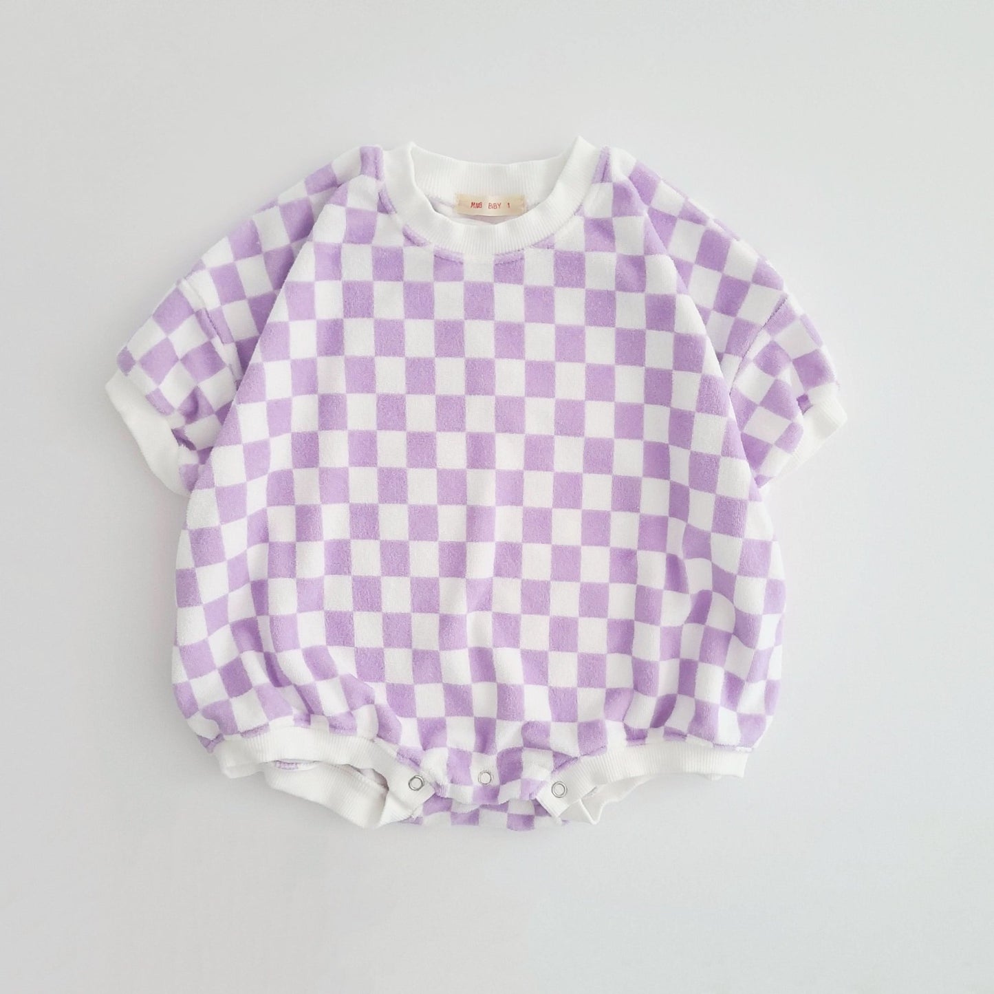 Baby Terry Cloth Short Sleeve Checkered Romper (3-24m) - Lilac kids outfit