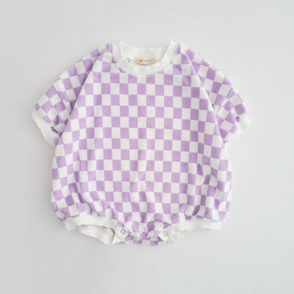 Baby Terry Cloth Short Sleeve Checkered Romper (3-24m) - Lilac kids outfit