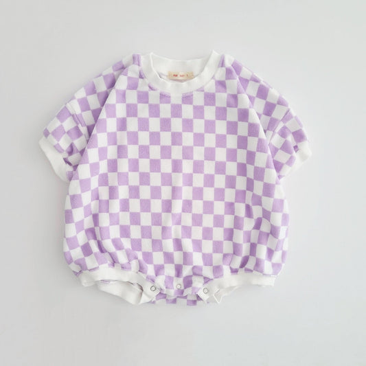 Baby Terry Cloth Short Sleeve Checkered Romper (3-24m) - Lilac kids outfit