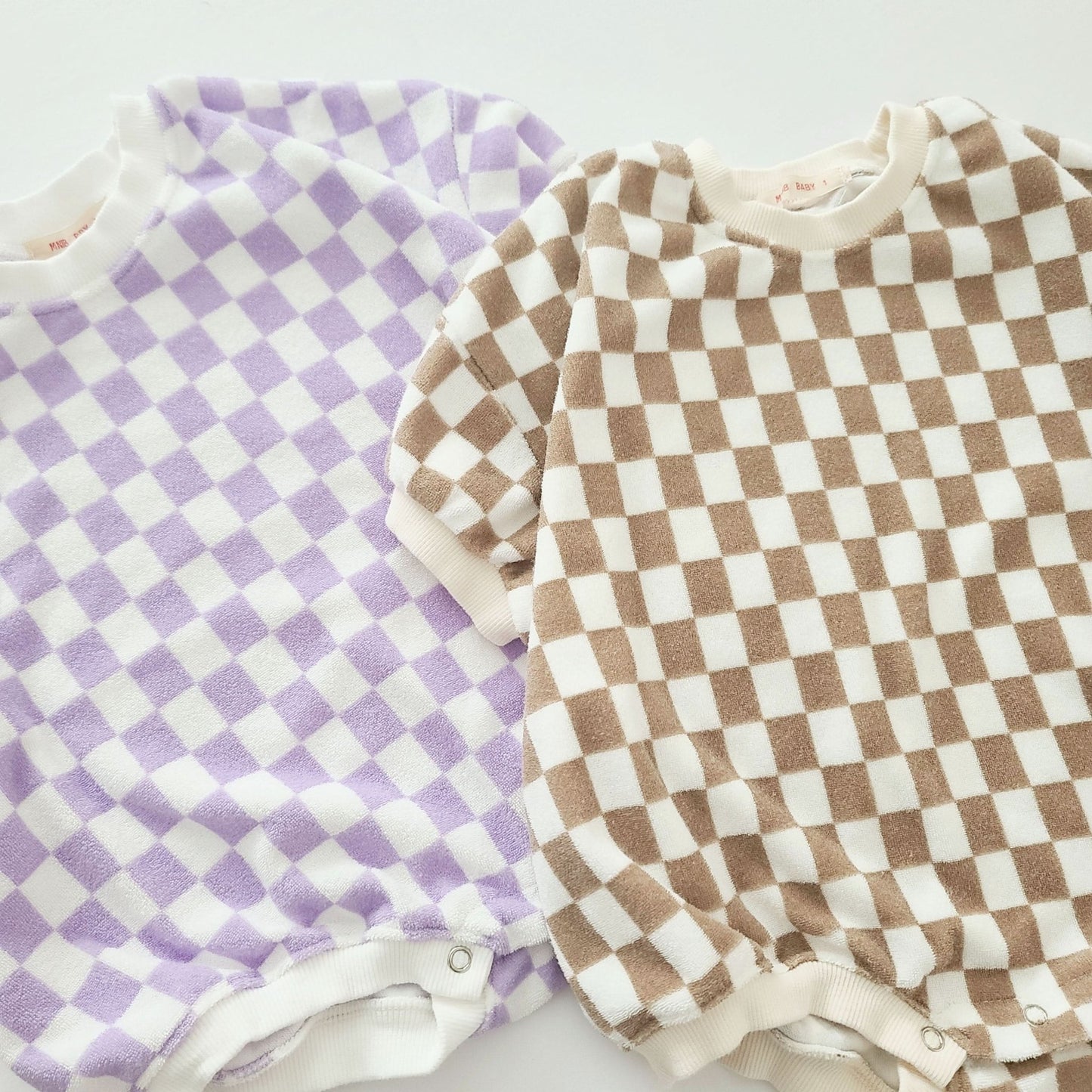 Baby Terry Cloth Short Sleeve Checkered Romper (3-24m) - Lilac kids outfit