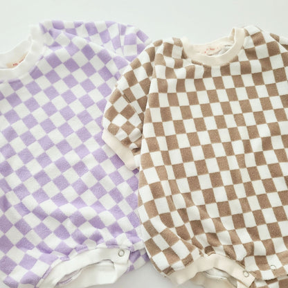 Baby Terry Cloth Short Sleeve Checkered Romper (3-24m) - Lilac kids outfit