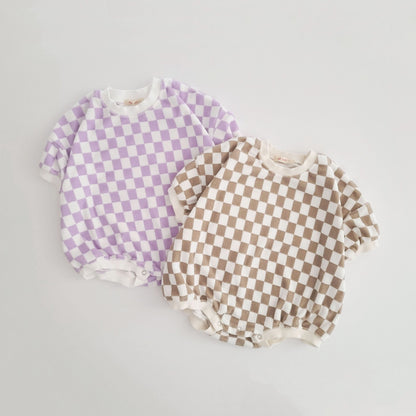 Baby Terry Cloth Short Sleeve Checkered Romper (3-24m) - Lilac kids outfit