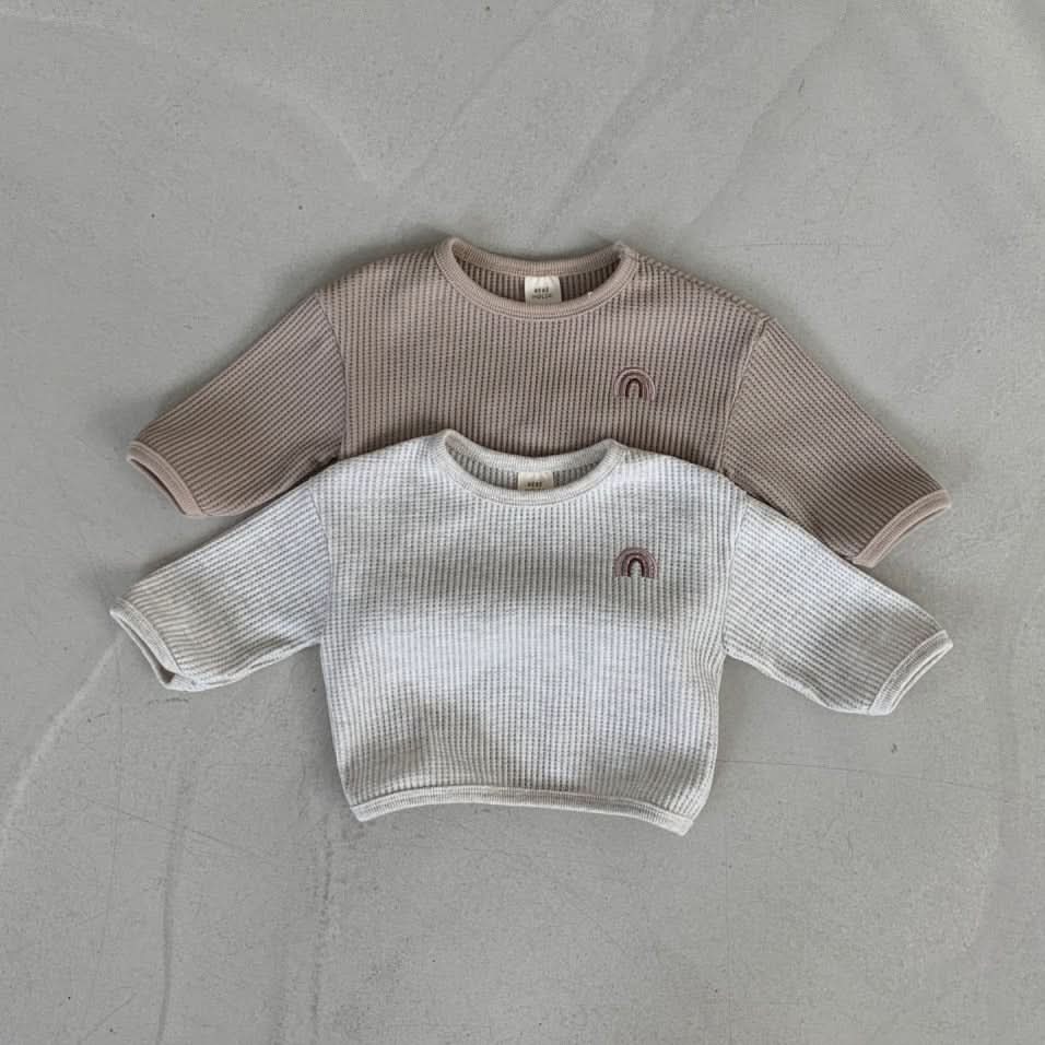 Baby Toddler Rainbow Embroidery Waffle - Knit Crew Top (2 - 6m) - 2Colors kids outfit