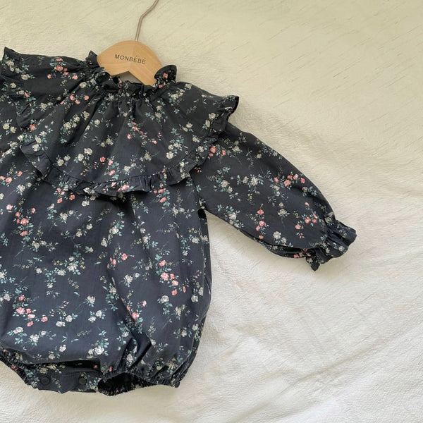 Baby Monbebe Yoke Ruffle Bubble Romper (3-6m) - Black Floral