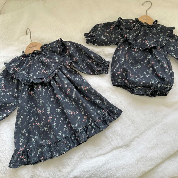 Baby Monbebe Yoke Ruffle Bubble Romper (3-6m) - Black Floral