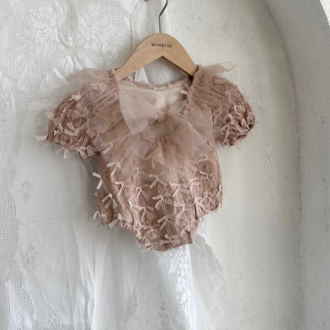 Baby Monbebe 3D Lace Tie Back Romper (0-24m) - Dusty Pink - AT NOON STORE