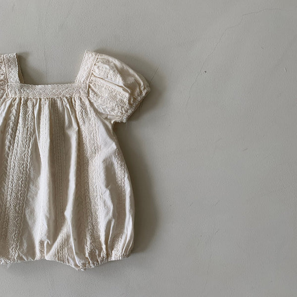 Baby BH Square Neck Embroidery Bubble Romper (3-24m) - Ivory Pearl