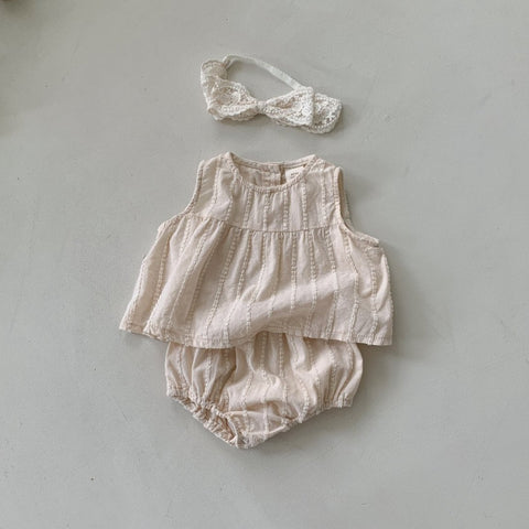 Baby BH Stripe Embroidery Sleeveless Top and Bloomer Shorts Set (3-18m) - Beige - AT NOON STORE