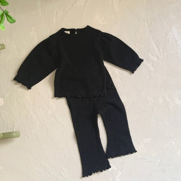 Baby Puff Sleeve Waffle Top and  Flare Pants Set (6-24m) -Black