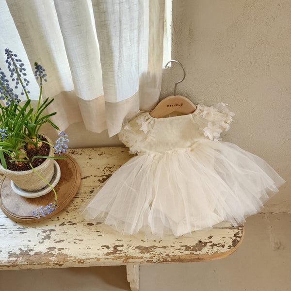 Baby Short Sleeve 3D Flowers Puff Sleeve Tutu Dress Romper (3-18m) - Beige