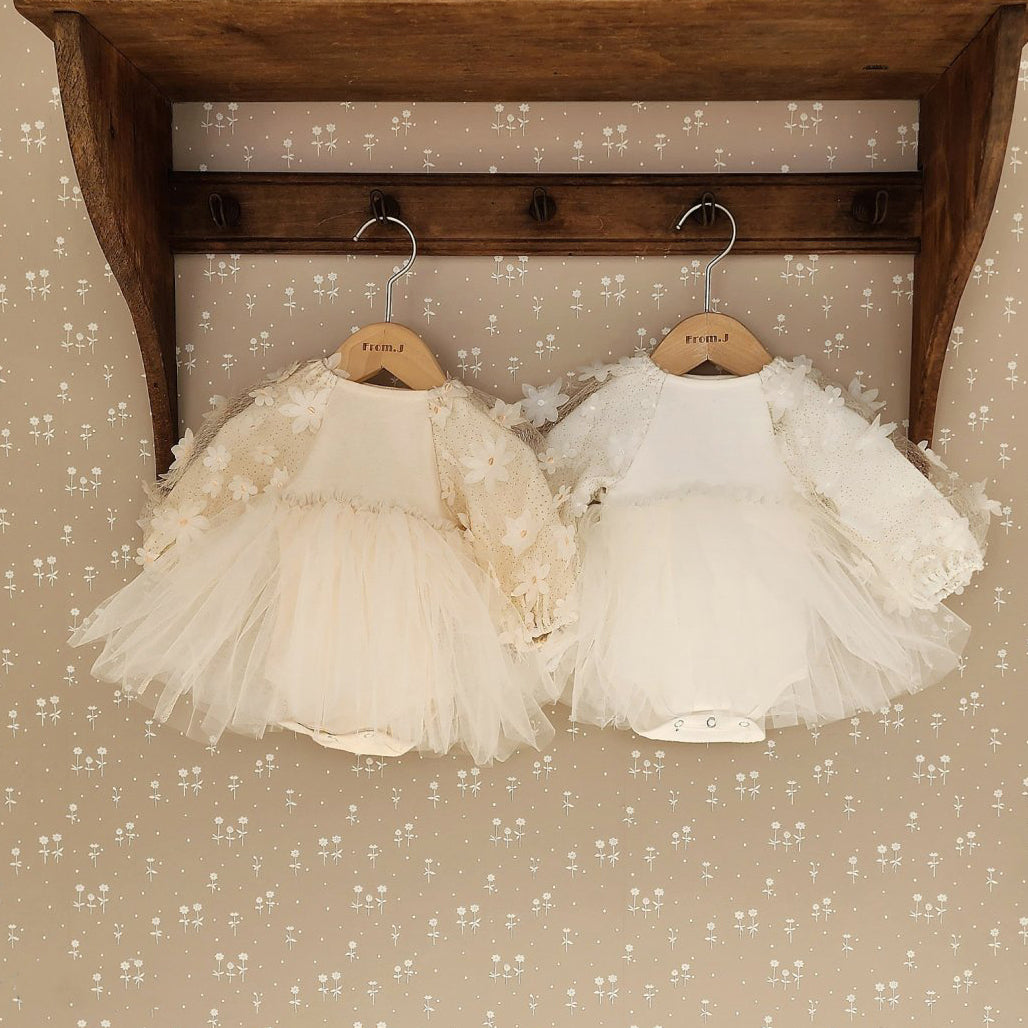 Baby 3D Flowers Puff Sleeve Tutu Dress Romper (3-18m) - Beige - AT NOON STORE