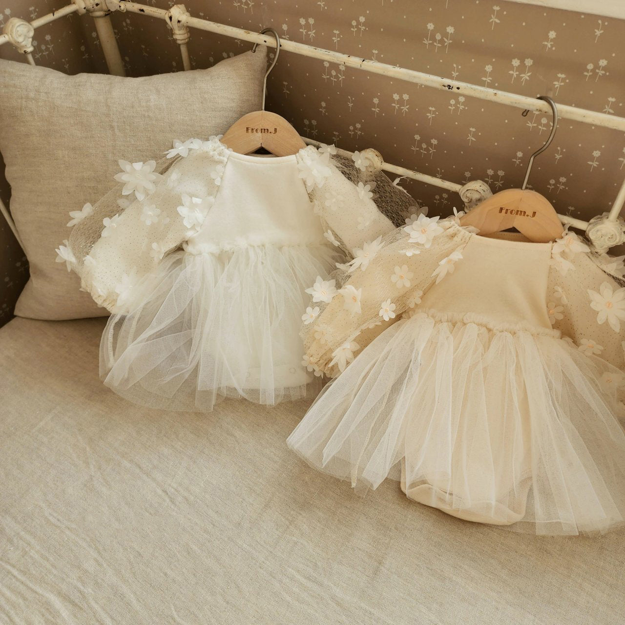Baby 3D Flowers Long Sleeve Tutu Dress Romper (3-18m) - Cream - AT NOON STORE