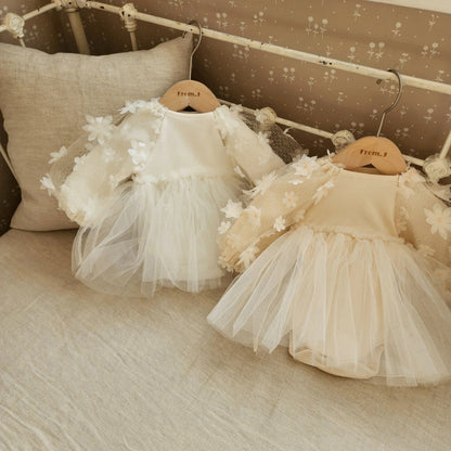 Baby 3D Flowers Puff Sleeve Tutu Dress Romper (3-18m) - Beige - AT NOON STORE
