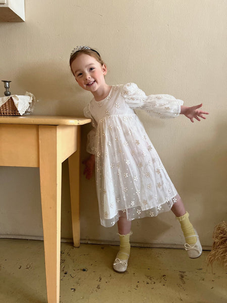 Kids Puff Sleeve Tulle Dress (2-5y) - Flower - AT NOON STORE