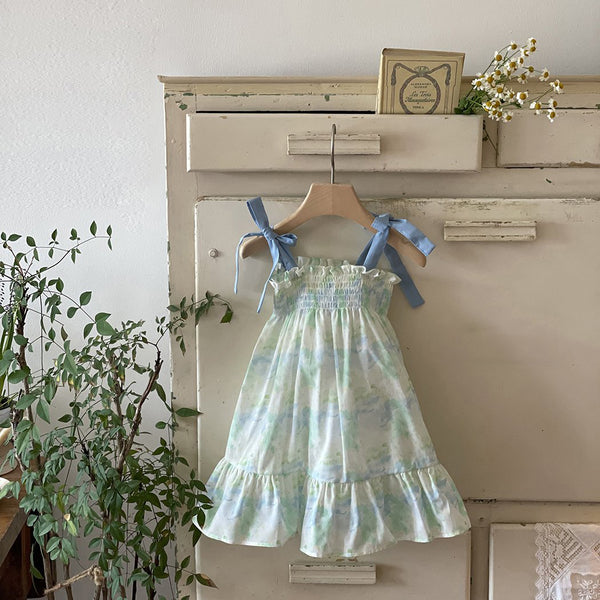 Toddler Milk Tie-Shoulder Dress (3m-5y)- Green - AT NOON STORE