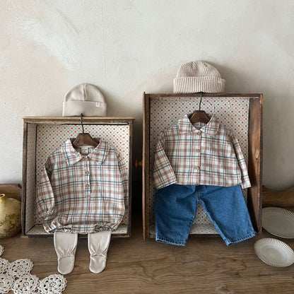 Baby Lala Spring Flannel Shirt Romper (0-24m) - Beige - AT NOON STORE