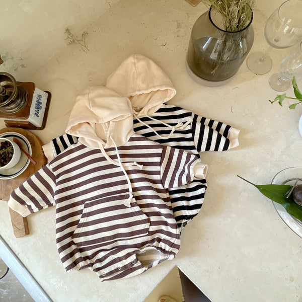 Baby Striped Hoodie Romper  (3-18m) - Brown Striped - AT NOON STORE