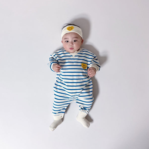 Baby Smiley Heart Patch Striped Jumpsuit and Headband Set (3-12m) - Blue - AT NOON STORE