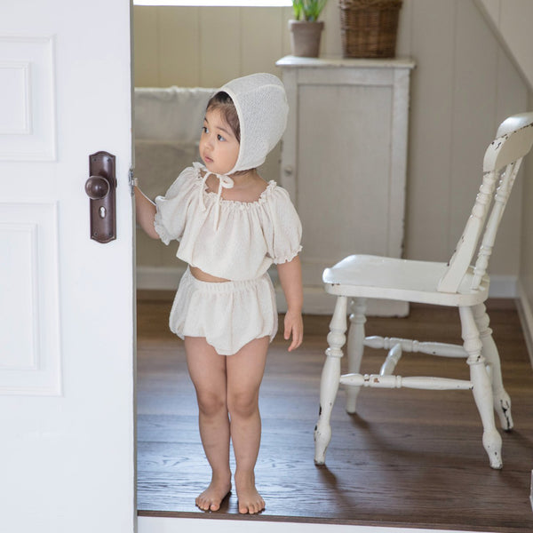 Toddler Crinkle Puff Sleeve Bikini and Hat Set (1-5y) - Beige