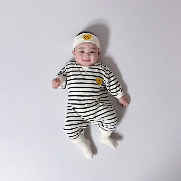 Baby Smiley Heart Patch Striped Jumpsuit and Headband Set (3-12m) - Black - AT NOON STORE