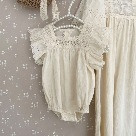 Baby Ruffle Lace Sleeve Floral Embroidery Neck Romper (3-15m) - AT NOON STORE