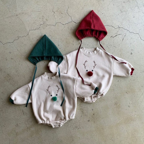 Baby Fleece-Lined Reindeer Sweatshirt Romper and Bonnet Set (3-18m) - 2 Colors