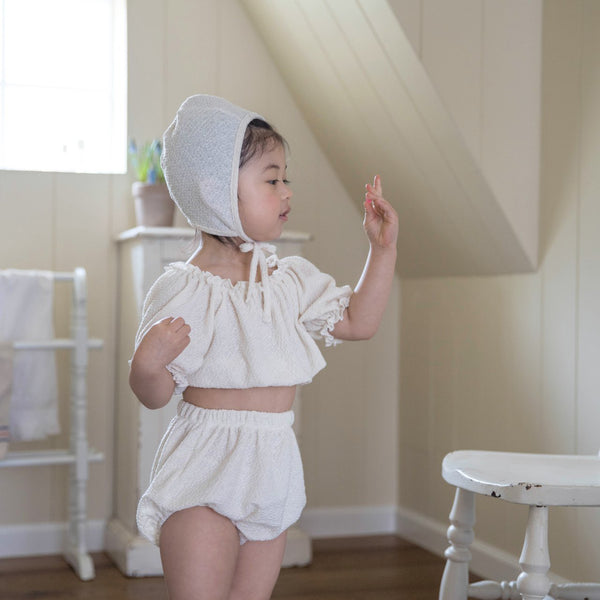 Toddler Crinkle Puff Sleeve Bikini and Hat Set (1-5y) - Beige