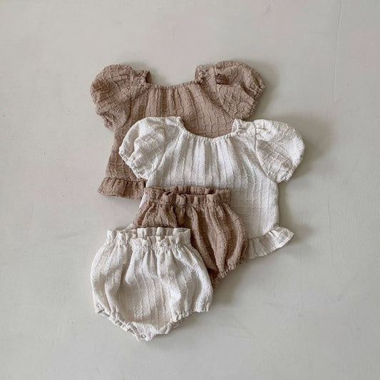 Baby BH Lace Detail Textured Puff Sleeve Top and Bloomer Shorts Set (3-18m) - 2 Colors - AT NOON STORE