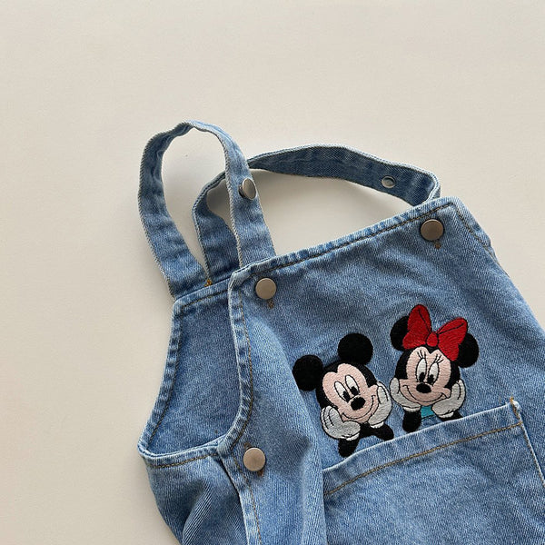 Baby Spring Mickey Mouse Embroidery Shortalls (3-18m) - Blue Denim