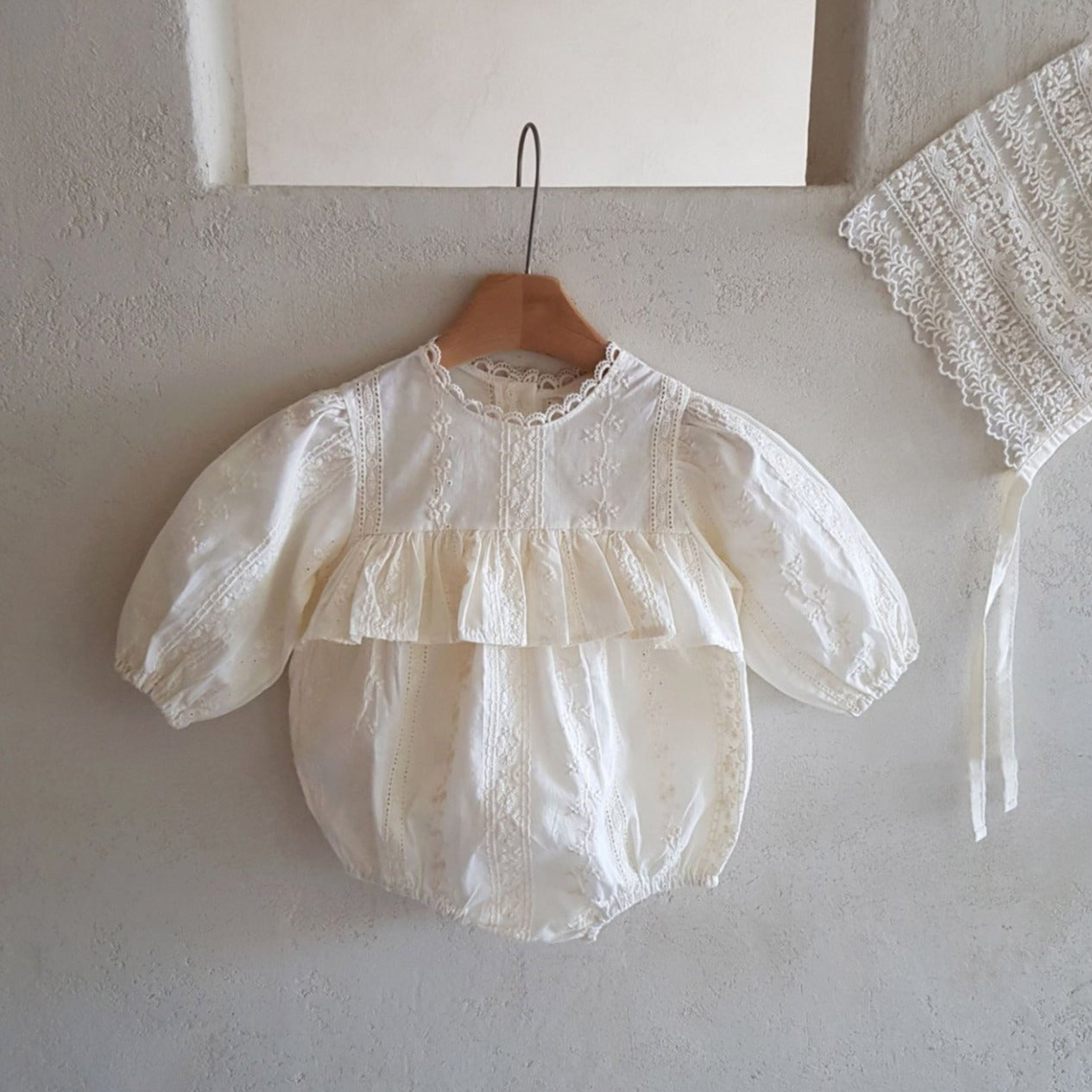Baby Long Sleeve Embroidery Ruffle Romper(3-15m) - Ivory