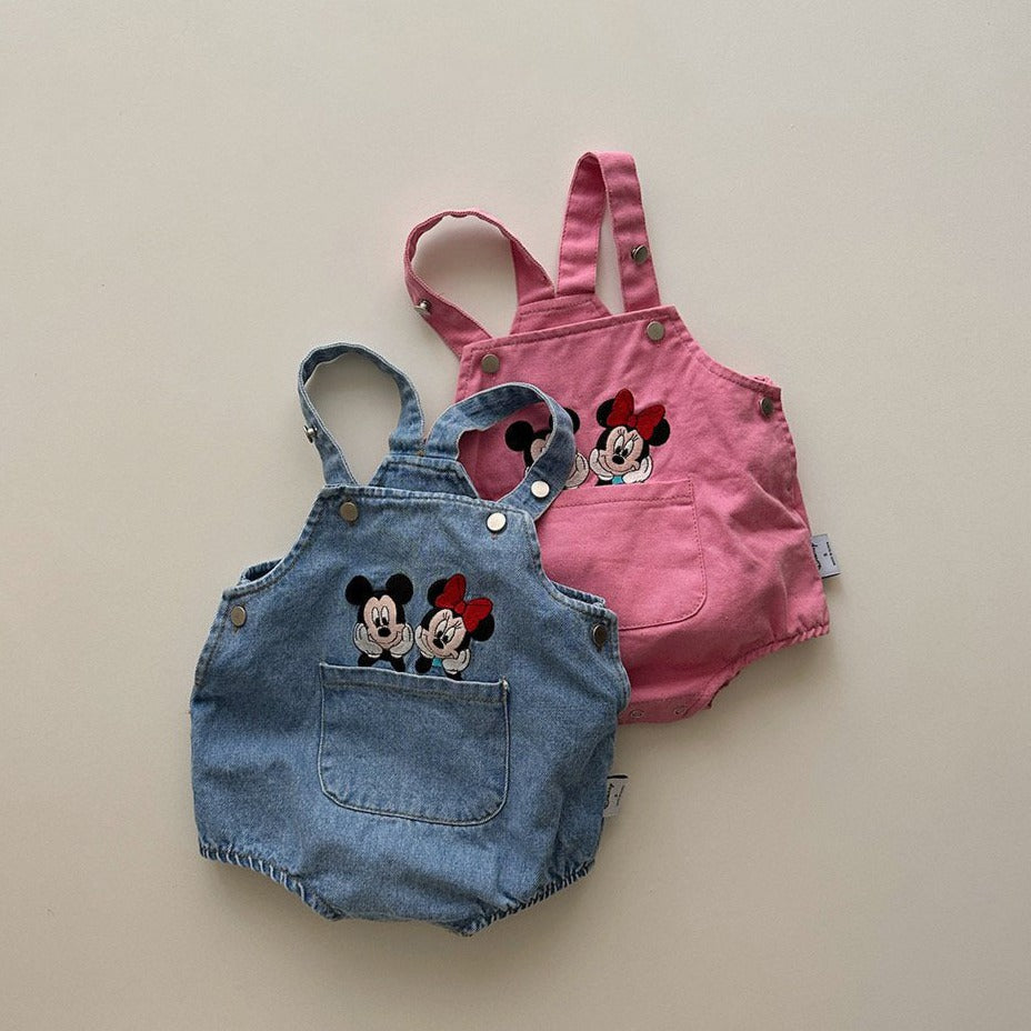 Baby Spring Mickey Mouse Embroidery Shortalls (3-18m) - Blue Denim