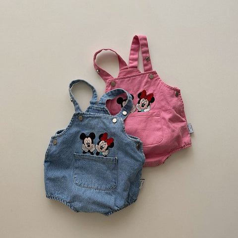 Baby Spring Mickey Mouse Embroidery Shortalls (3-6m) - Blue Denim - AT NOON STORE