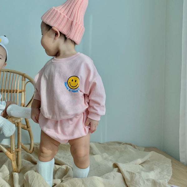 Baby Happy Face Print Sweatshirt and Bloomer Shorts Set (3-12m)- Pink - AT NOON STORE