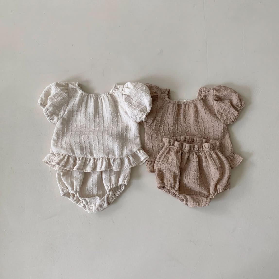 Baby BH Lace Detail Textured Puff Sleeve Top and Bloomer Shorts Set (3-18m) - 2 Colors - AT NOON STORE