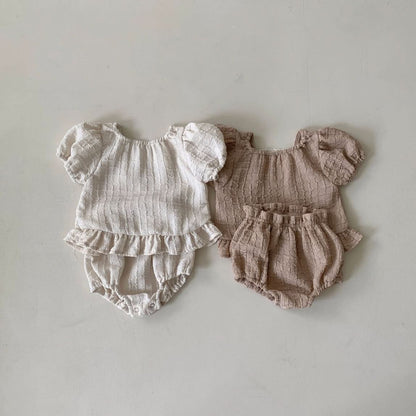 Baby BH Lace Detail Textured Puff Sleeve Top and Bloomer Shorts Set (3-18m) - 2 Colors - AT NOON STORE