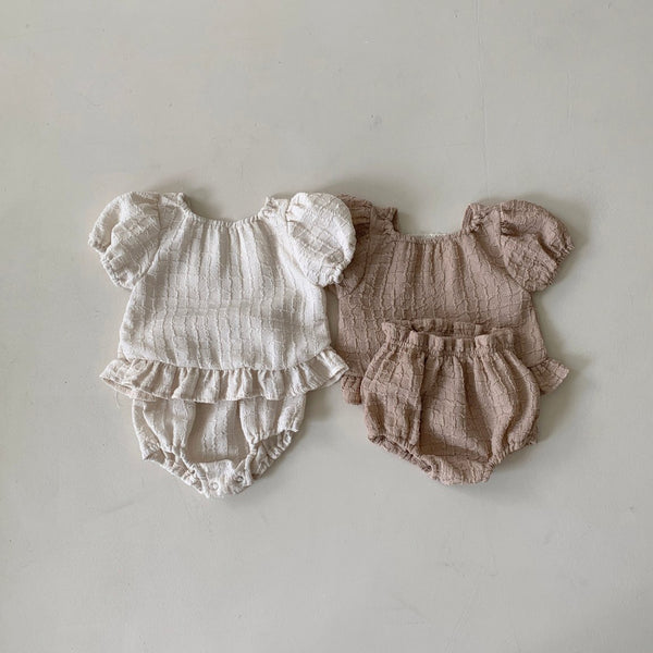 Baby BH Lace Detail Textured Puff Sleeve Top and Bloomer Shorts Set (3-18m) - 2 Colors