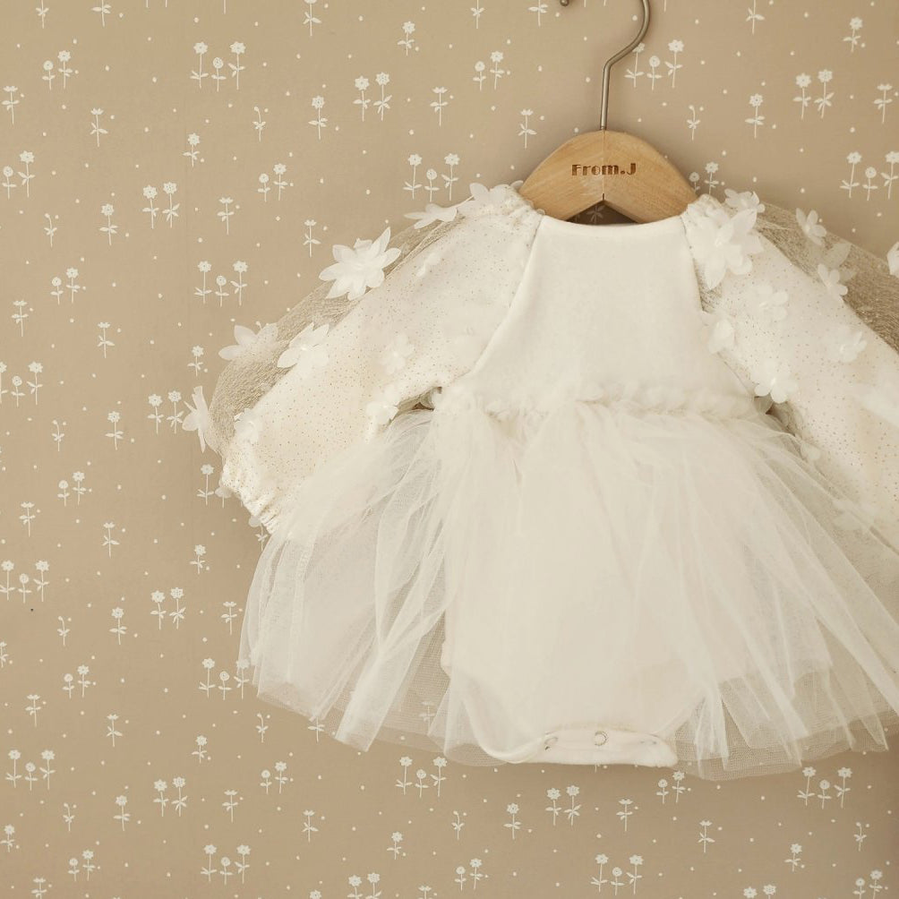 Baby 3D Flowers Long Sleeve Tutu Dress Romper (3-18m) - Cream - AT NOON STORE