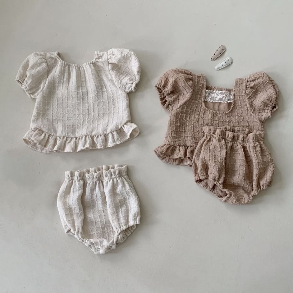 Baby BH Lace Detail Textured Puff Sleeve Top and Bloomer Shorts Set (3-18m) - 2 Colors - AT NOON STORE