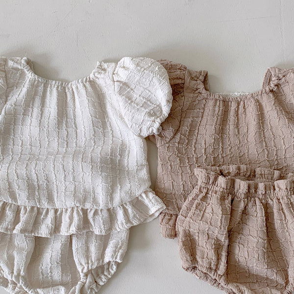 Baby BH Lace Detail Textured Puff Sleeve Top and Bloomer Shorts Set (3-18m) - 2 Colors - AT NOON STORE