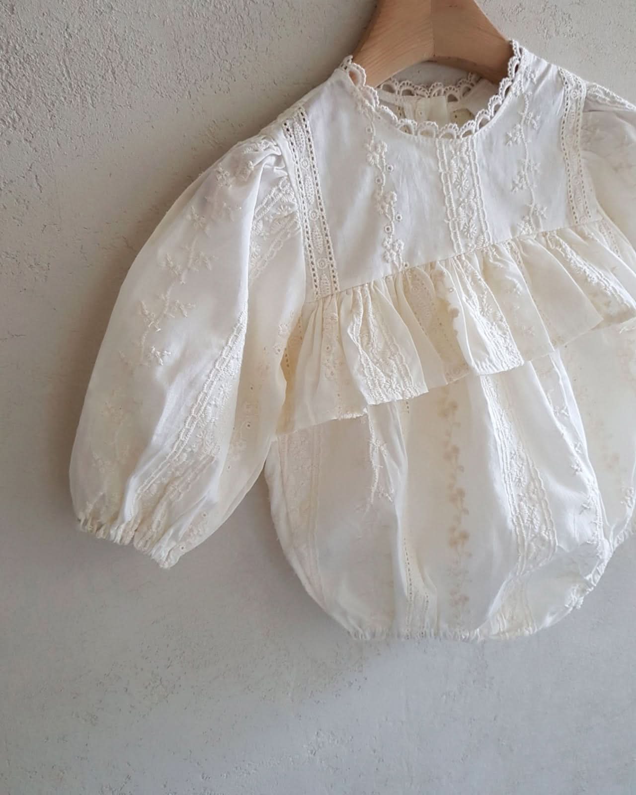 Baby Long Sleeve Embroidery Ruffle Romper(3-15m) - Ivory - AT NOON STORE