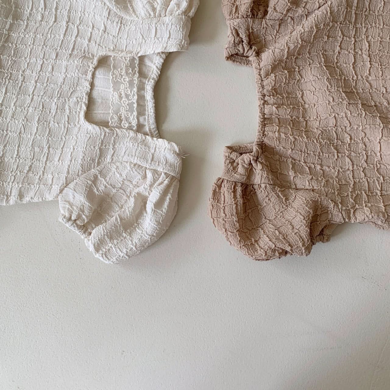 Baby BH Lace Detail Textured Puff Sleeve Top and Bloomer Shorts Set (3-18m) - 2 Colors - AT NOON STORE