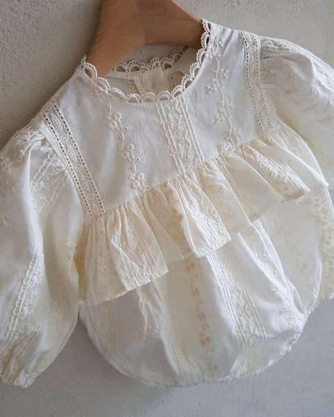 Baby Long Sleeve Embroidery Ruffle Romper(3-15m) - Ivory - AT NOON STORE