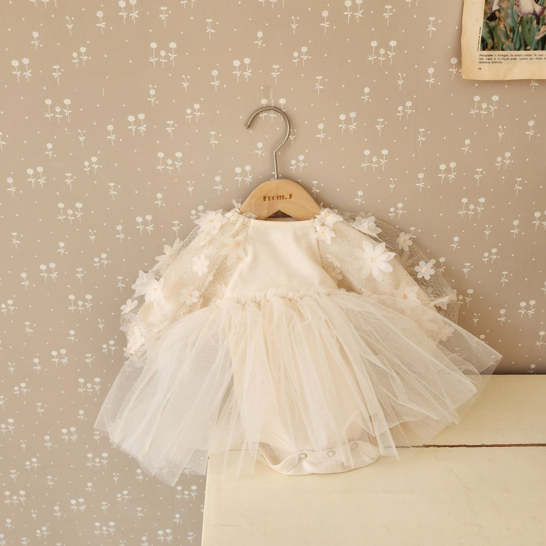 Baby 3D Flowers Puff Sleeve Tutu Dress Romper (3-18m) - Beige - AT NOON STORE