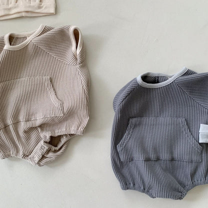 Baby BH Short Sleeve Kangaroo Pocket Waffle Romper (3-18m) - Beige - AT NOON STORE