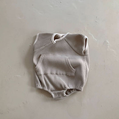 Baby BH Short Sleeve Kangaroo Pocket Waffle Romper (3-18m) - Beige - AT NOON STORE
