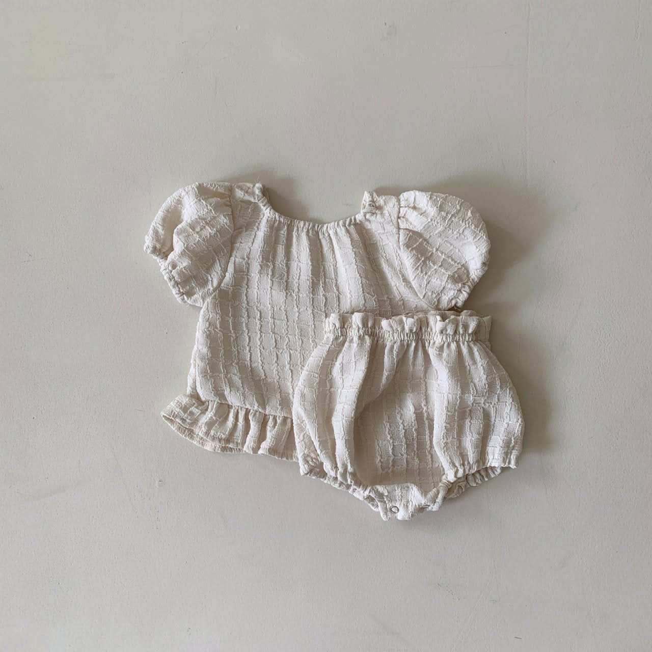 Baby BH Lace Detail Textured Puff Sleeve Top and Bloomer Shorts Set (3-18m) - 2 Colors - AT NOON STORE